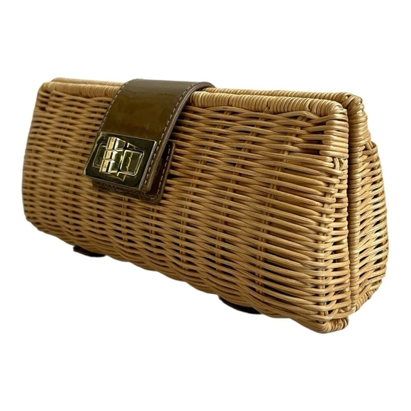 J.Crew Natural Rattan Tan Leather Strap Gold Turn Lock Clutch Bag NWOT - Picture 5 of 9